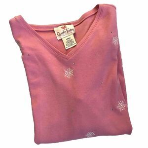 QUACKER FACTORY Top Large Pink Long Sleeve V-Neck Snowflakes SEQUINS EMBROIDERY